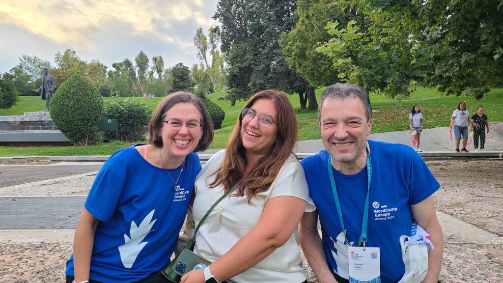Ruth Kalinka, Rocío Valdivia, and Gustavo Galeti enjoying a Spanish community picnic in Athens, Greece on the last day of WordCamp Europe 2023